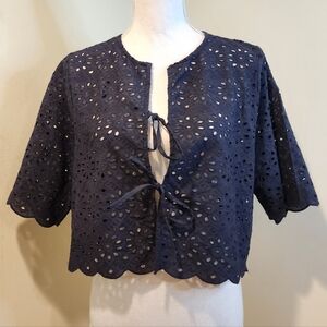 Joie Navy Eyelet Cropped Cardigan Size M Nwt